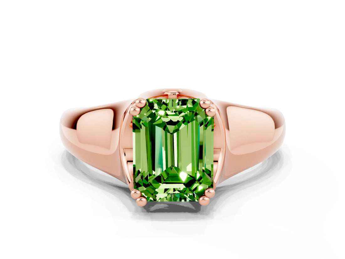 Rose gold Emerald Cut Peridot Solitaire Ring with Wide Band and Prong Setting