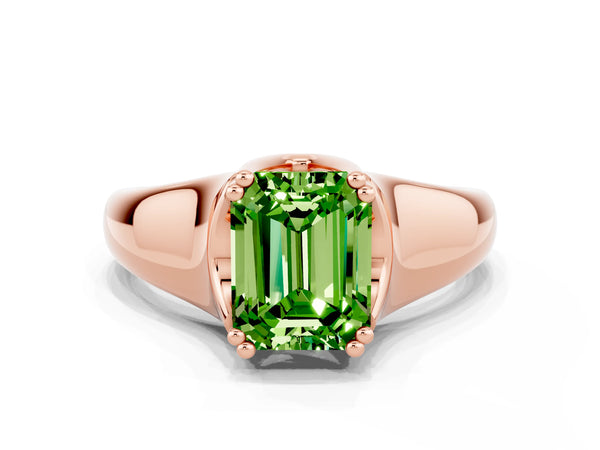 Rose gold Emerald Cut Peridot Solitaire Ring with Wide Band and Prong Setting