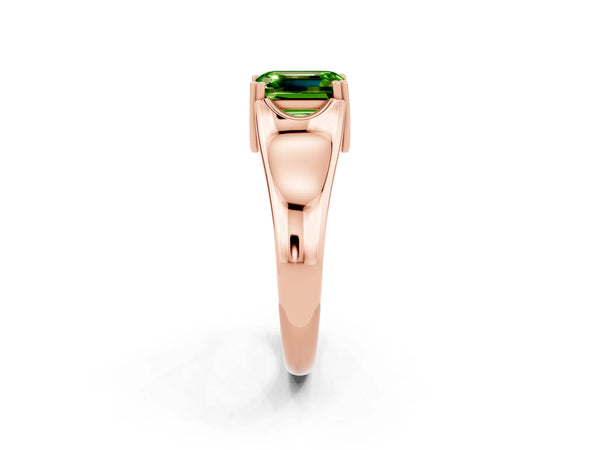 Rose gold Emerald Cut Peridot Solitaire Ring with Wide Band and Prong Setting
