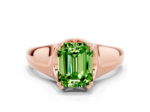 Rose gold Emerald Cut Peridot Solitaire Ring with Wide Band and Prong Setting