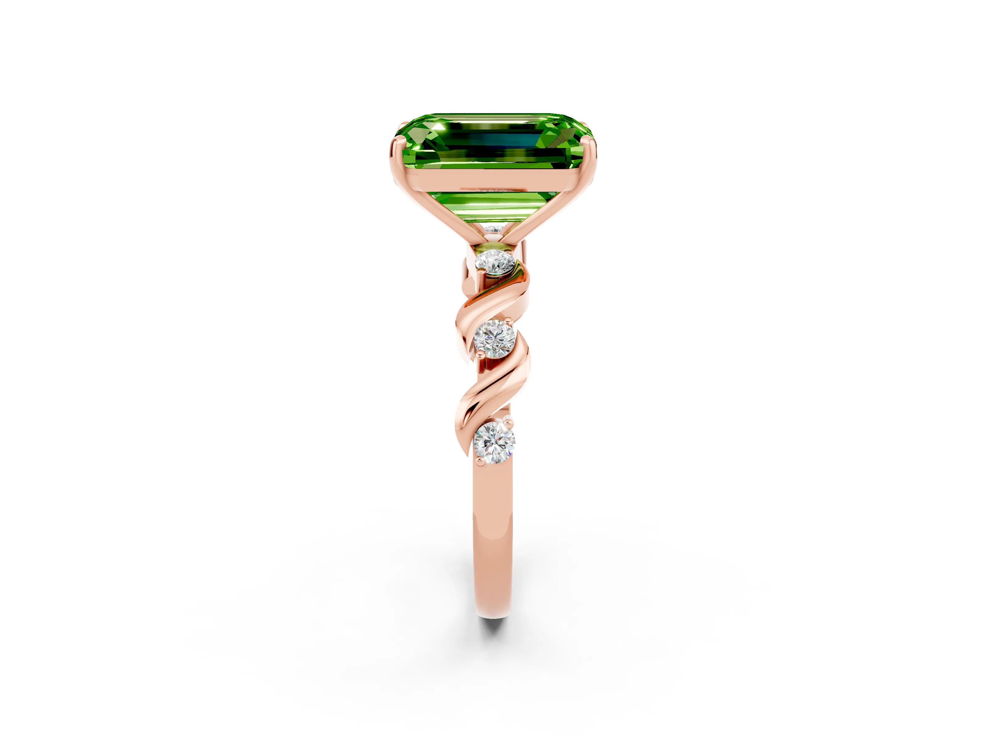 Rose gold Emerald Cut Peridot Solitaire Twisted Band with Round  Accents and Prong Setting_14