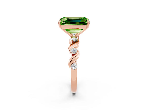 Rose gold Emerald Cut Peridot Solitaire Twisted Band with Round  Accents and Prong Setting