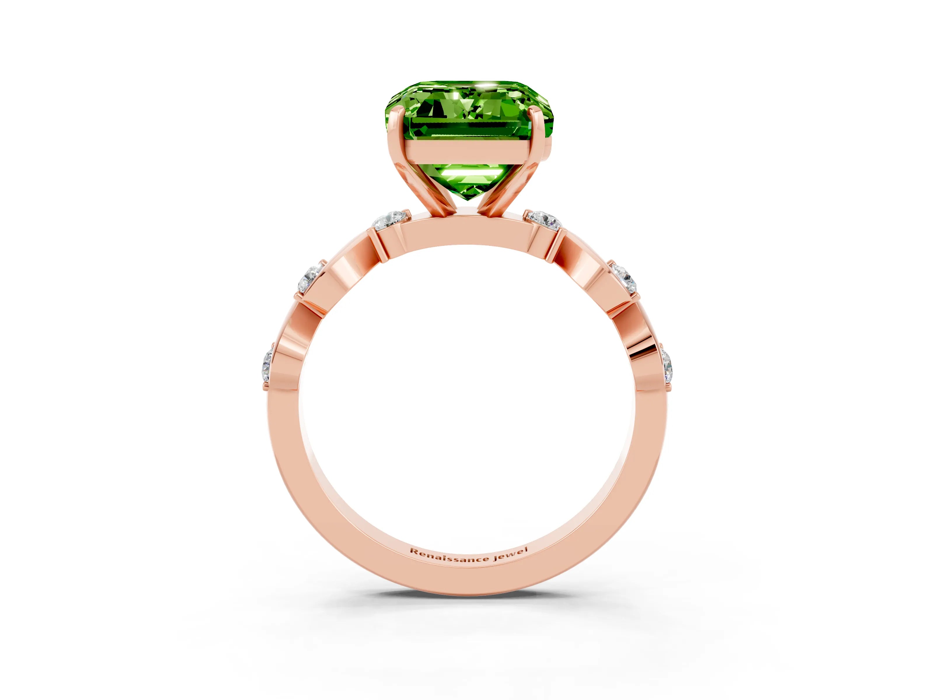Rose gold Emerald Cut Peridot Solitaire Twisted Band with Round  Accents and Prong Setting_15