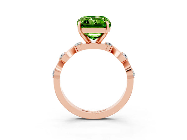 Rose gold Emerald Cut Peridot Solitaire Twisted Band with Round  Accents and Prong Setting