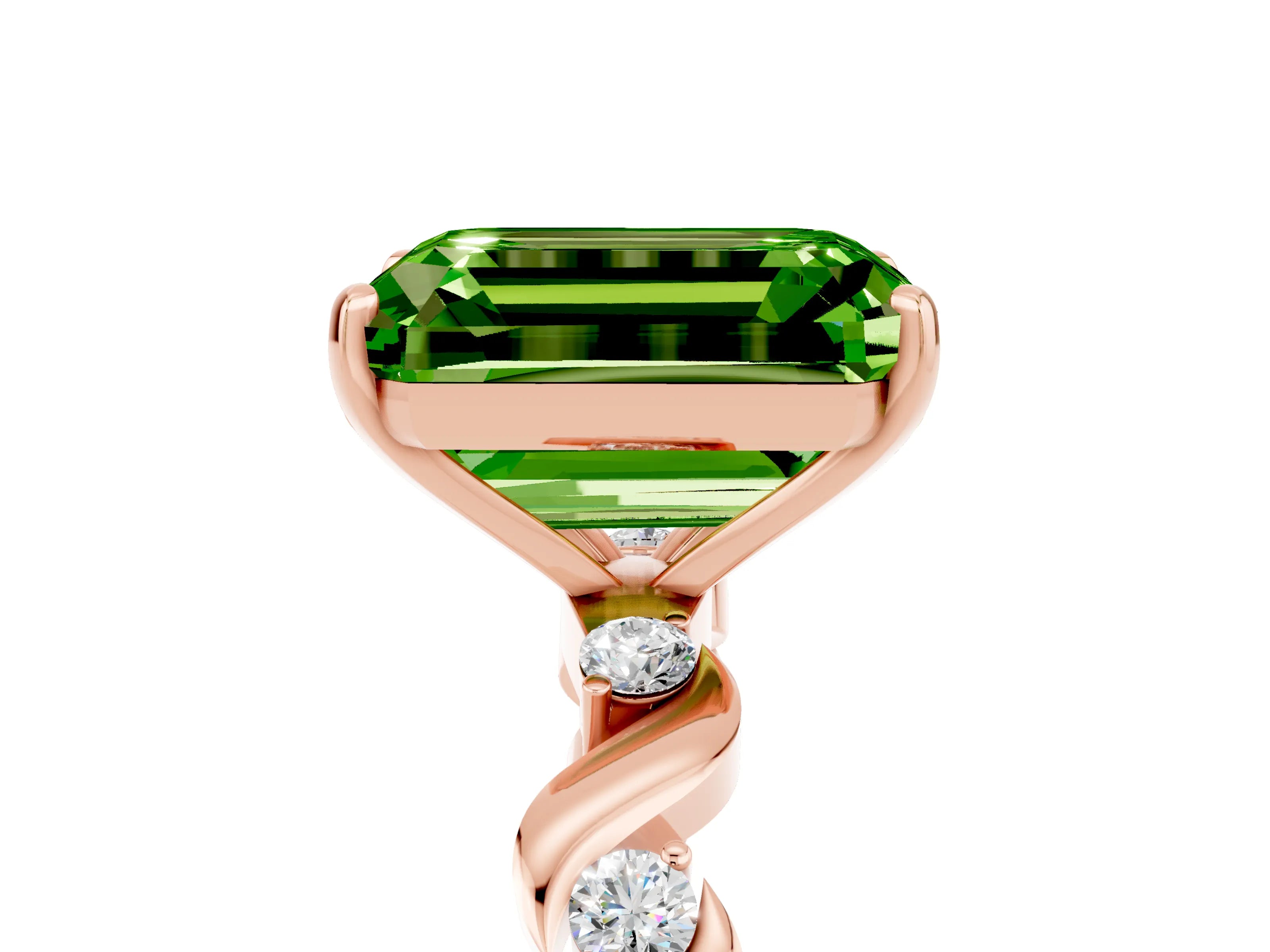 Rose gold Emerald Cut Peridot Solitaire Twisted Band with Round  Accents and Prong Setting_17