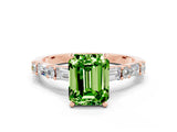 Rose gold Emerald Cut Peridot Solitaire with Side Baguettes and Channel Set Band