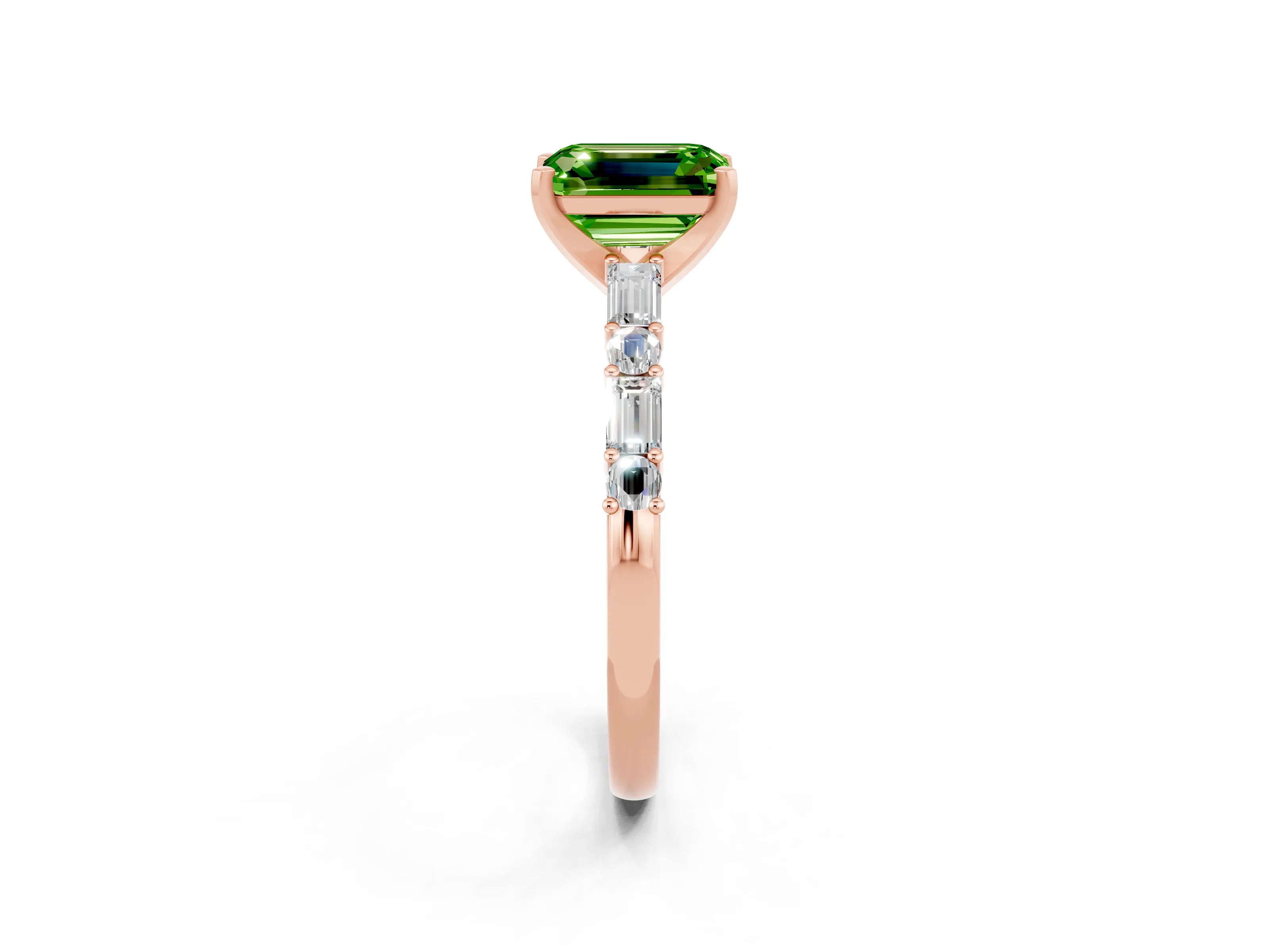 Rose gold Emerald Cut Peridot Solitaire with Side Baguettes and Channel Set Band_2