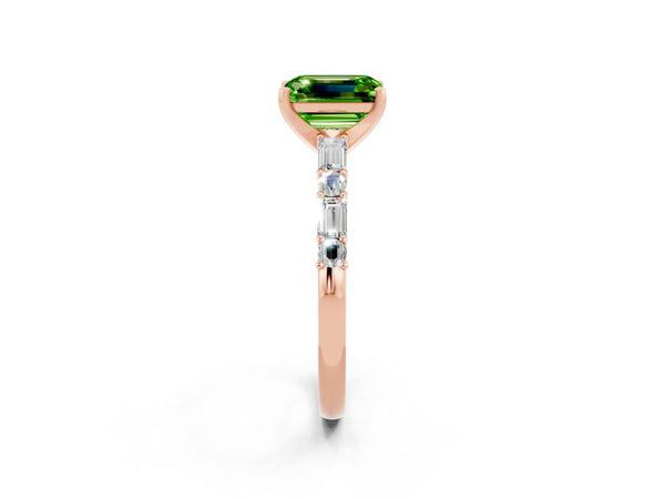 Rose gold Emerald Cut Peridot Solitaire with Side Baguettes and Channel Set Band