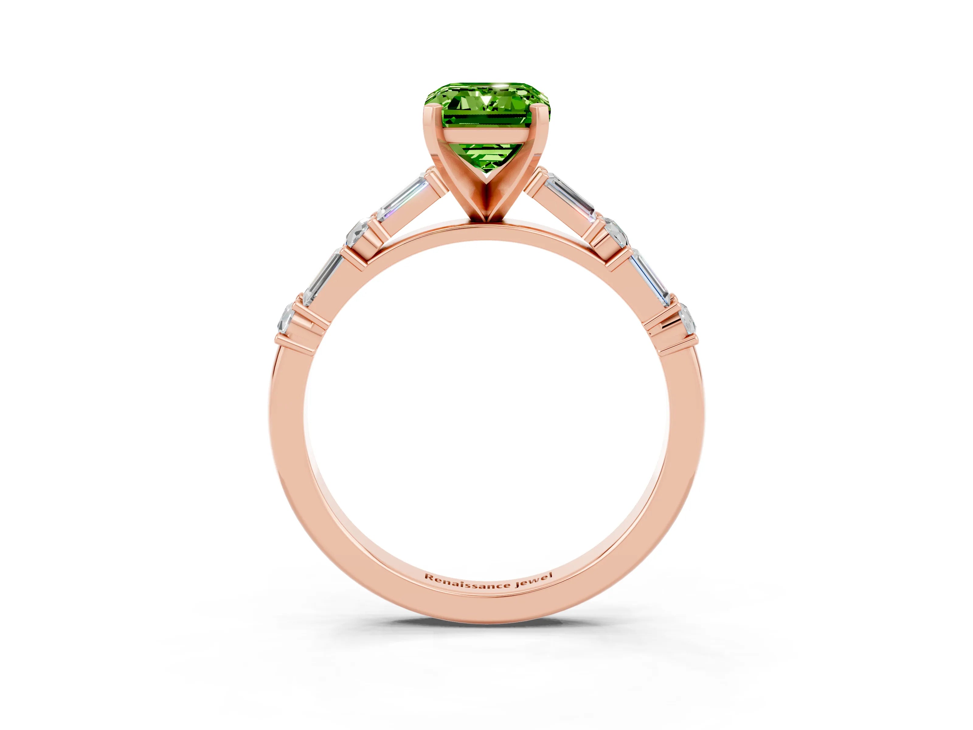 Rose gold Emerald Cut Peridot Solitaire with Side Baguettes and Channel Set Band_3