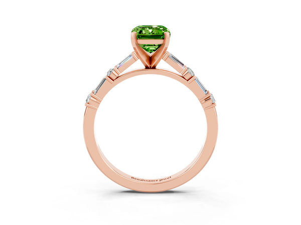 Rose gold Emerald Cut Peridot Solitaire with Side Baguettes and Channel Set Band