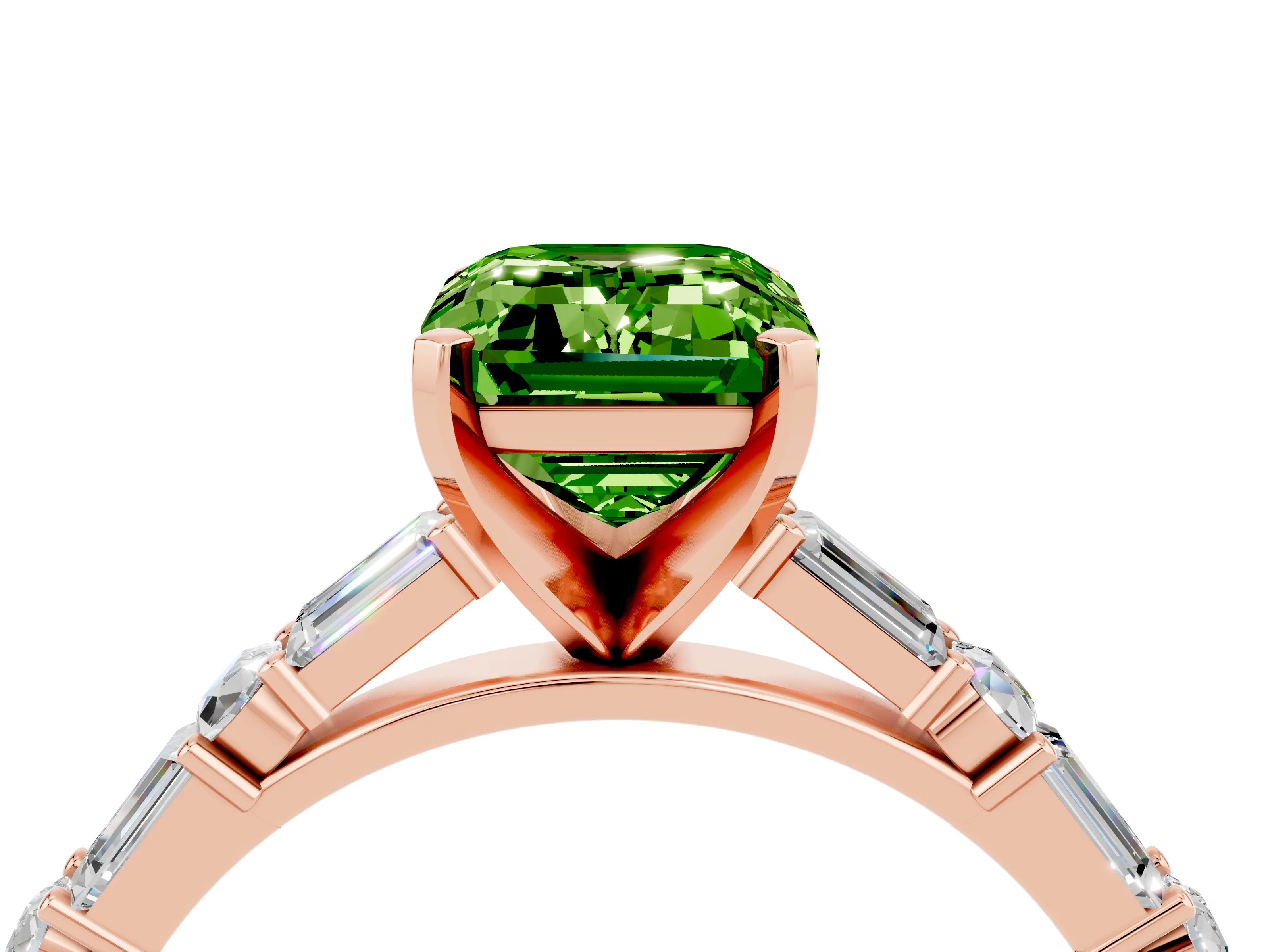 Rose gold Emerald Cut Peridot Solitaire with Side Baguettes and Channel Set Band_4