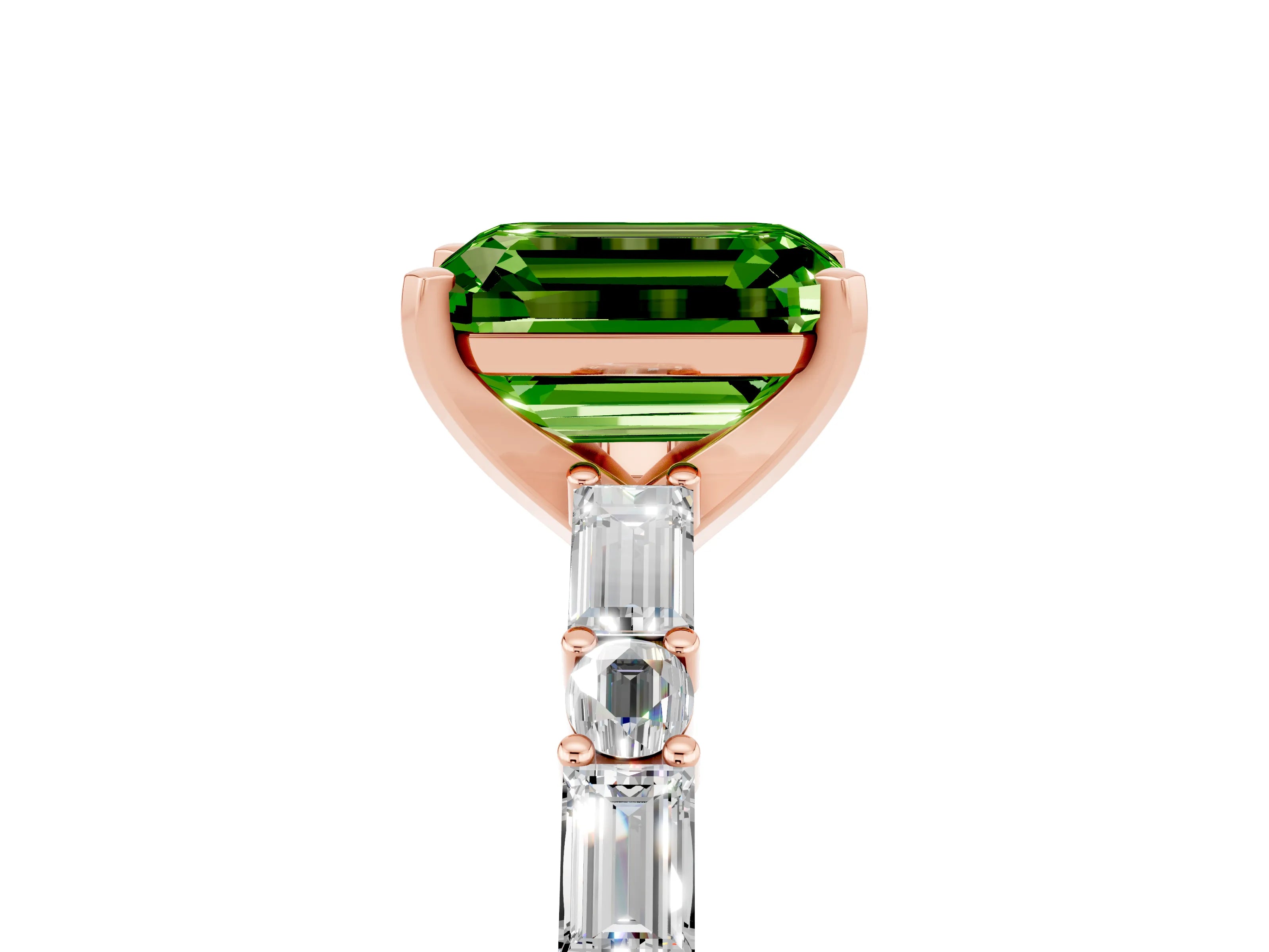 Rose gold Emerald Cut Peridot Solitaire with Side Baguettes and Channel Set Band_5