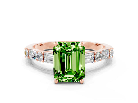 Rose gold Emerald Cut Peridot Solitaire with Side Baguettes and Channel Set Band