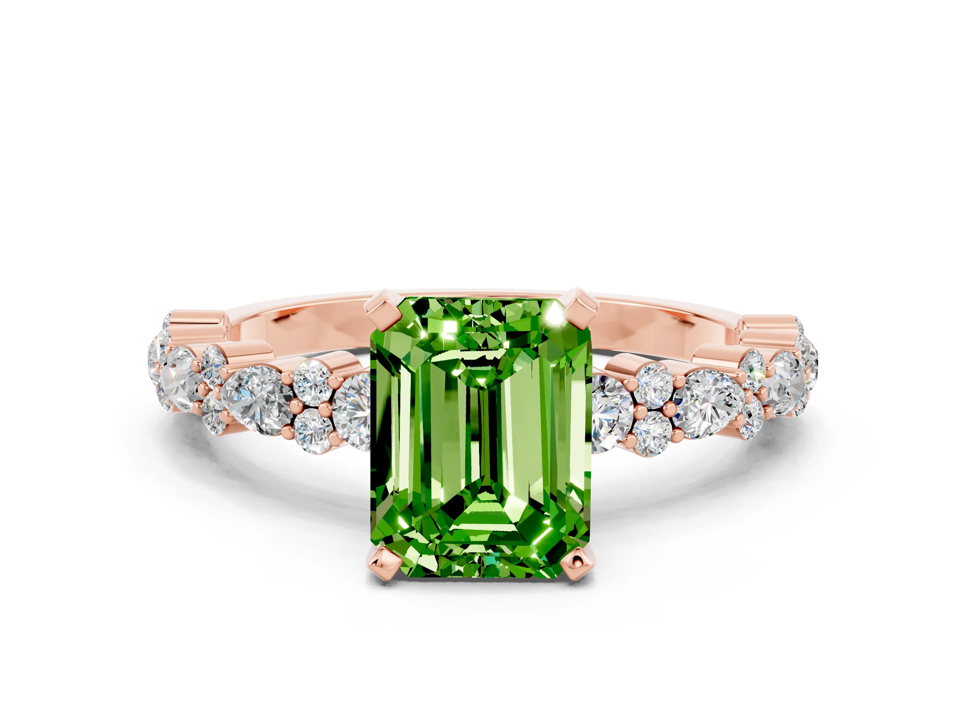 Rose gold Emerald Cut Peridot Solitaire with Side Stones, Pave Band, Four-Prong Setting_24