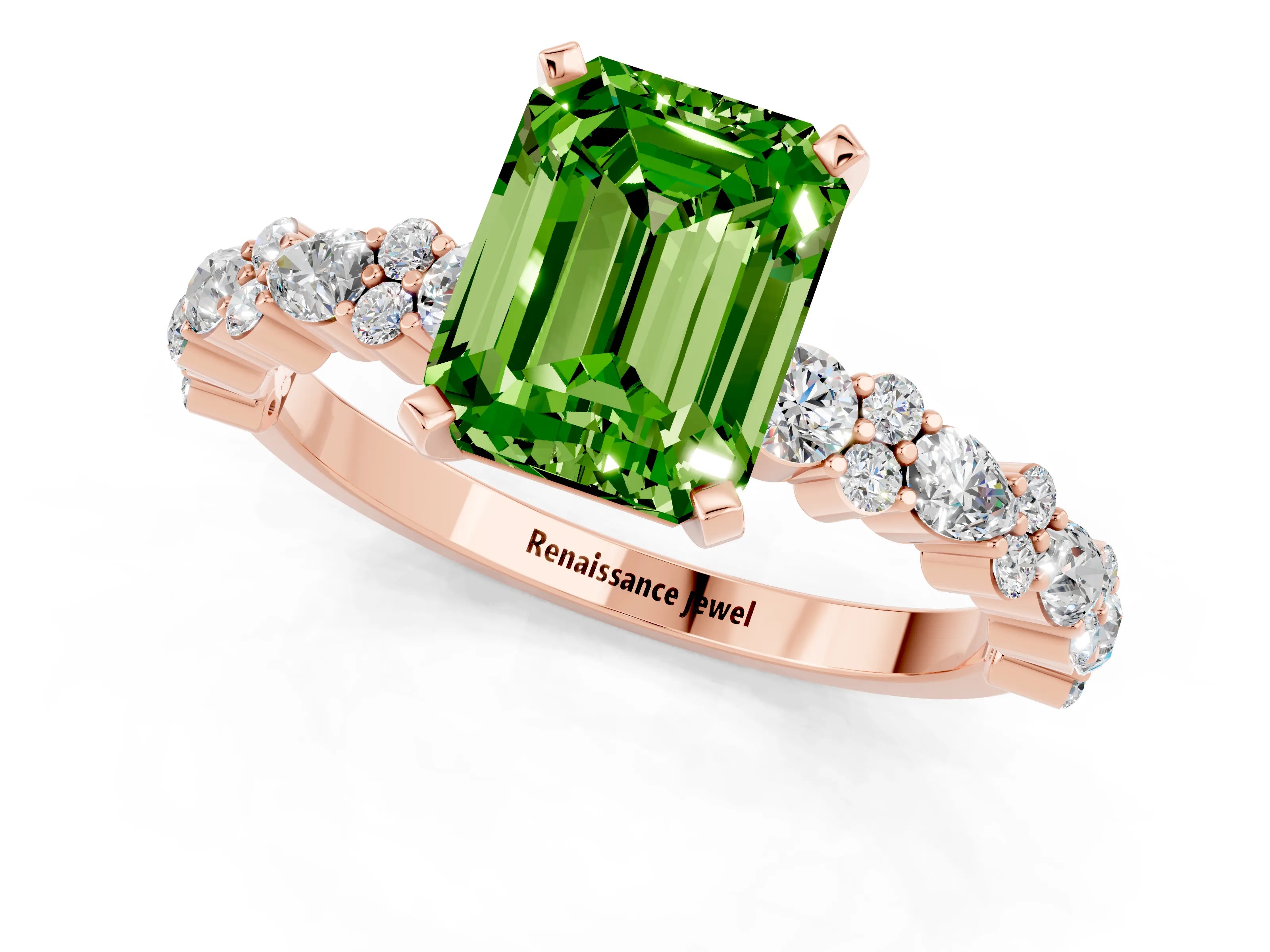 Rose gold Emerald Cut Peridot Solitaire with Side Stones, Pave Band, Four-Prong Setting_25