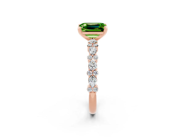 Rose gold Emerald Cut Peridot Side Stone Solitaire Ring with Round  and Four-Prong Setting