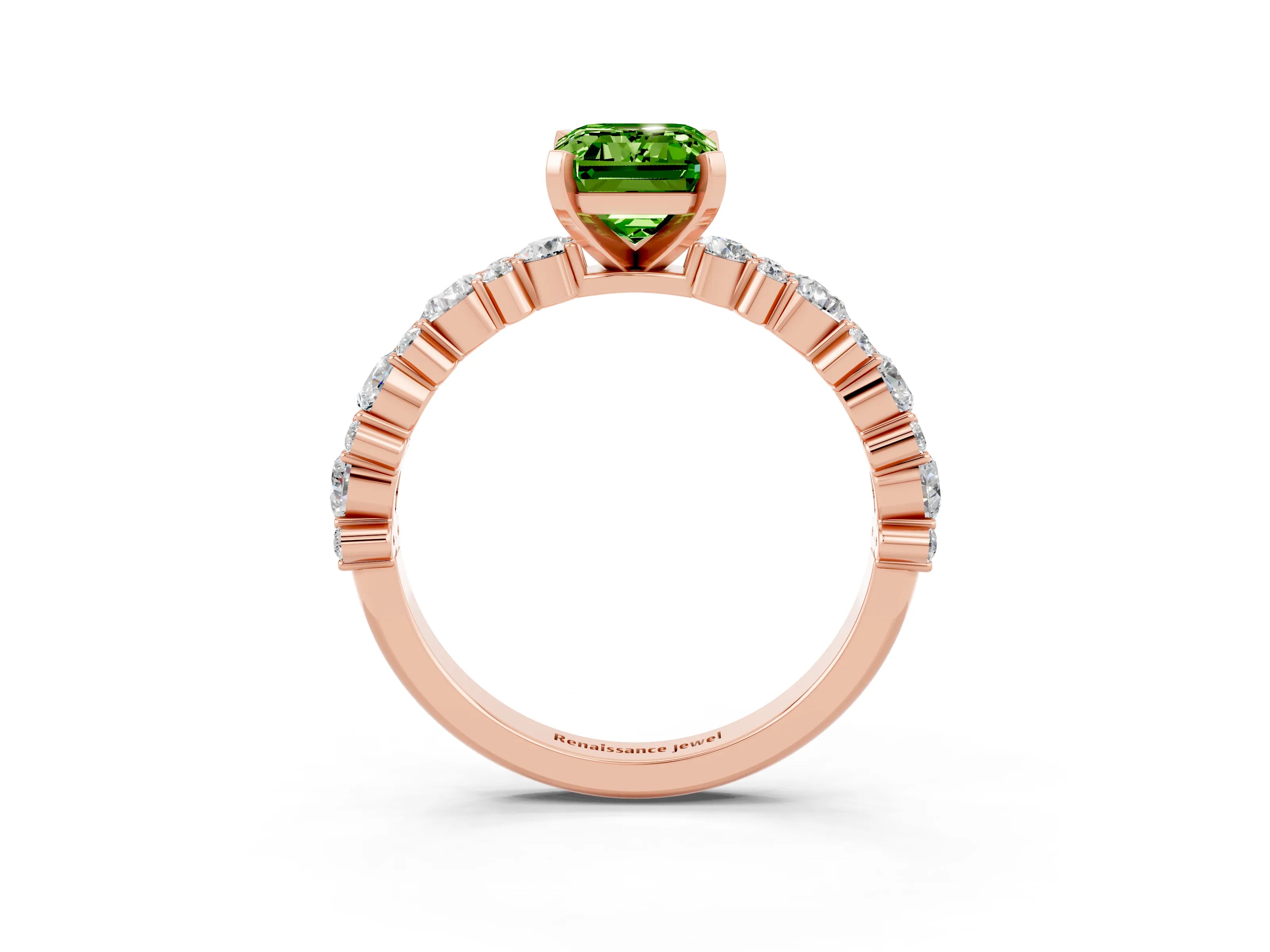 Rose gold Emerald Cut Peridot Solitaire with Side Stones, Pave Band, Four-Prong Setting_27