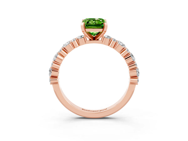 Rose gold Emerald Cut Peridot Side Stone Solitaire Ring with Round  and Four-Prong Setting