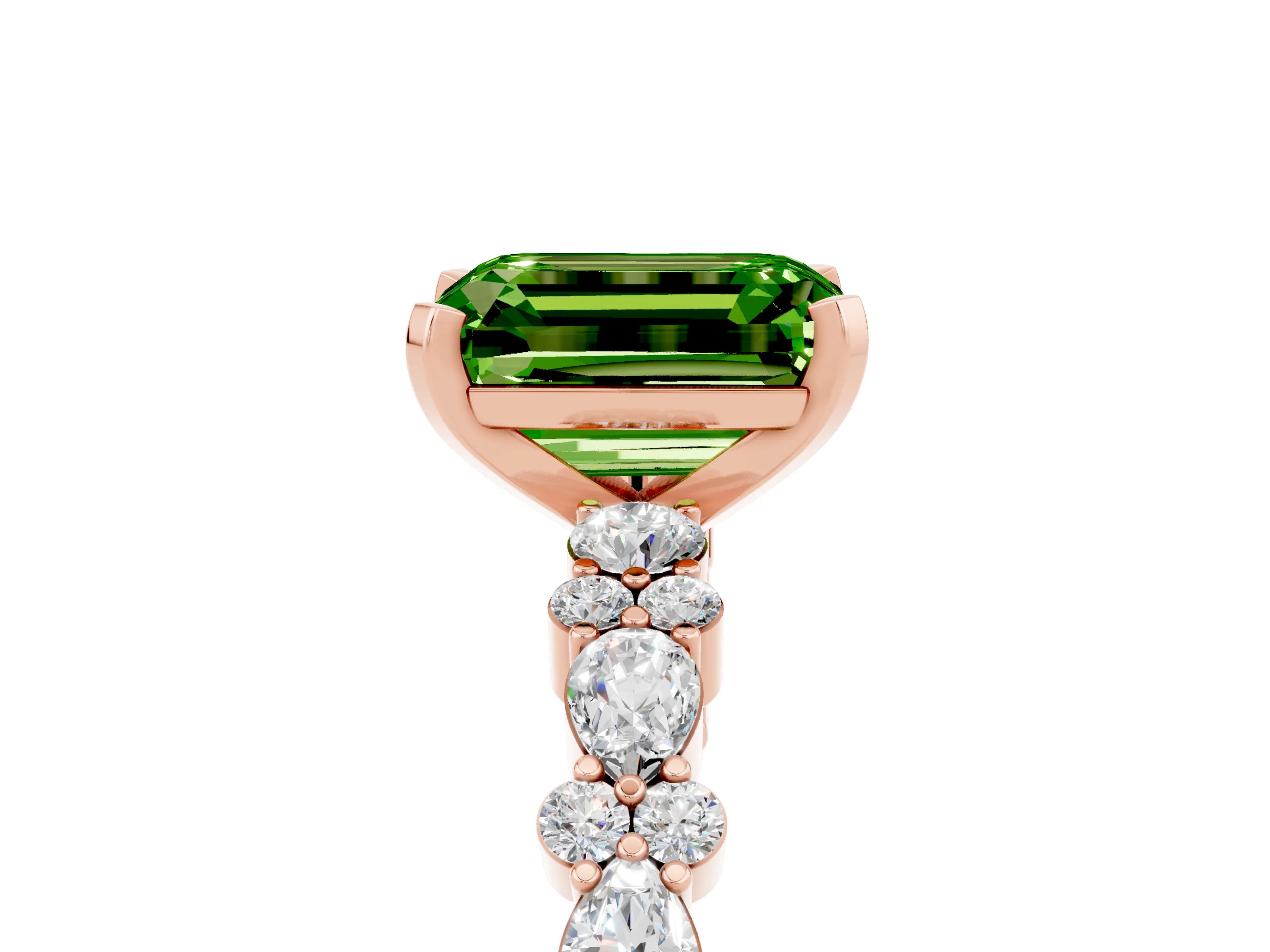 Rose gold Emerald Cut Peridot Solitaire with Side Stones, Pave Band, Four-Prong Setting_29