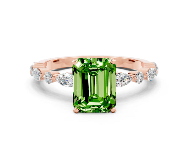 Rose gold Emerald Cut Peridot Ring with Marquise and Round  Side Stones and Four-Prong Setting