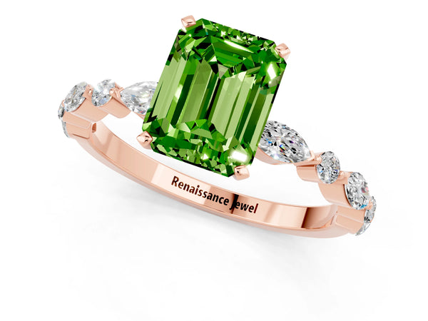 Rose gold Emerald Cut Peridot Ring with Marquise and Round  Side Stones and Four-Prong Setting