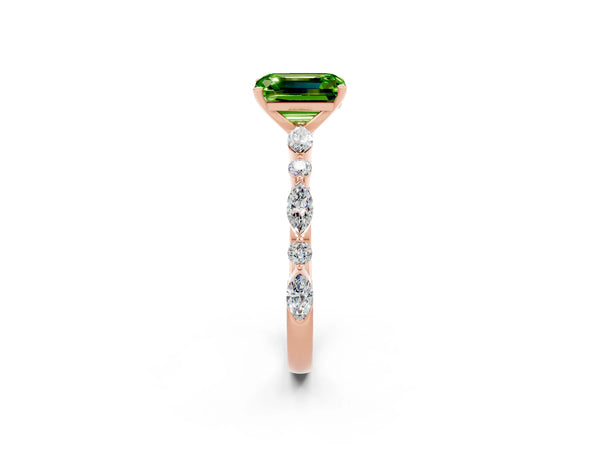 Rose gold Emerald Cut Peridot Ring with Marquise and Round  Side Stones and Four-Prong Setting