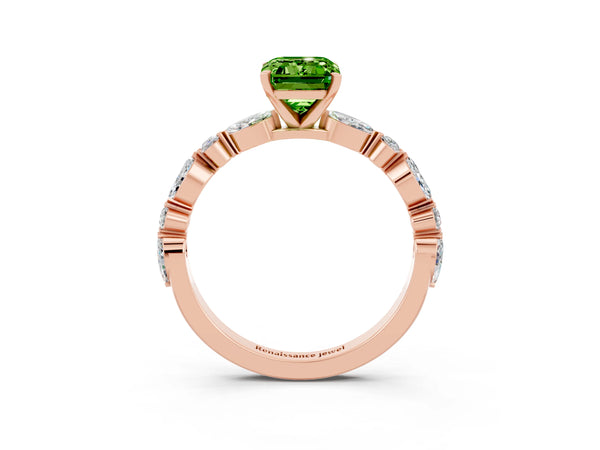 Rose gold Emerald Cut Peridot Ring with Marquise and Round  Side Stones and Four-Prong Setting