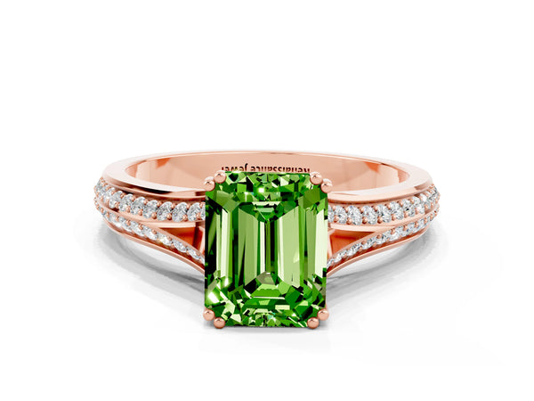Rose gold Emerald Cut Peridot Split Shank Engagement Ring with Pavé Band