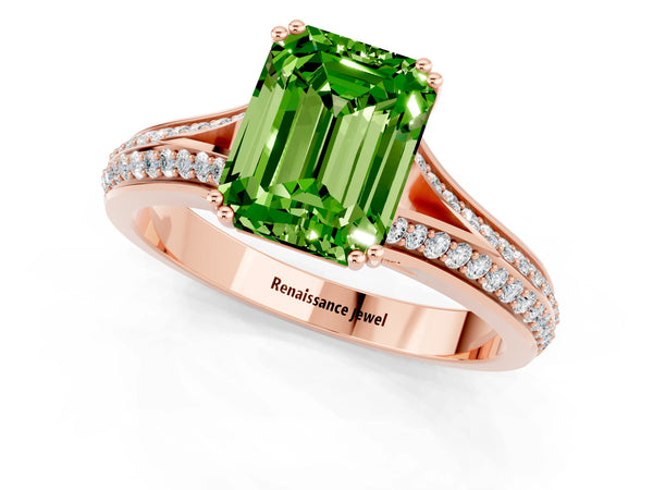 Rose gold Emerald Cut Peridot Split Shank Engagement Ring with Pavé Band