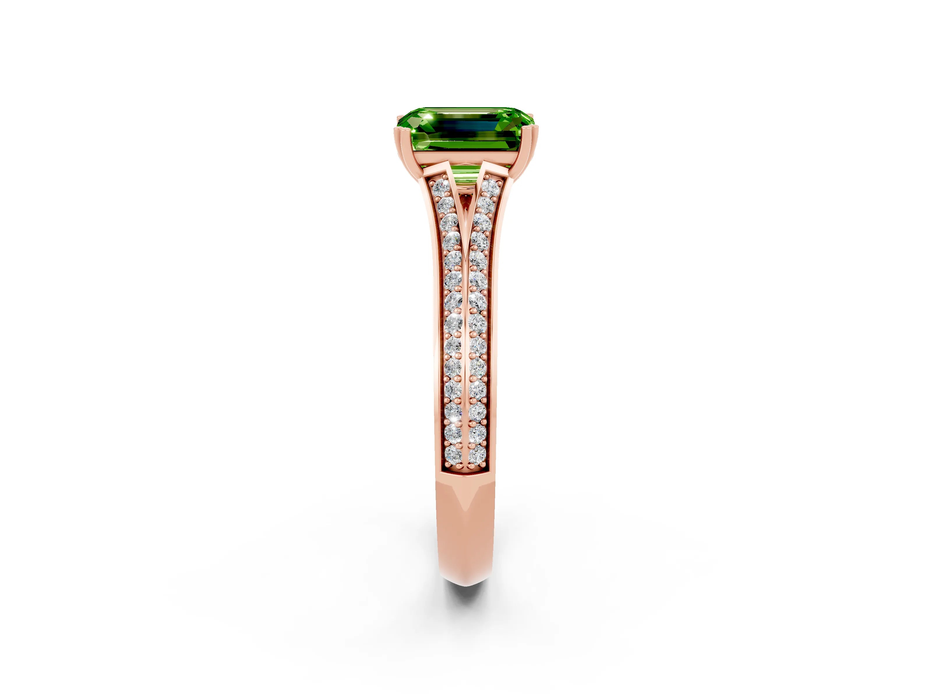 Rose gold Emerald Cut Peridot Split Shank Engagement Ring with Pavé Band_2