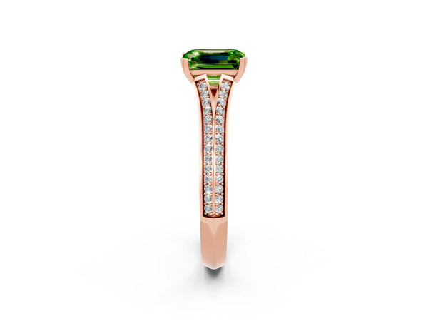 Rose gold Emerald Cut Peridot Split Shank Engagement Ring with Pavé Band