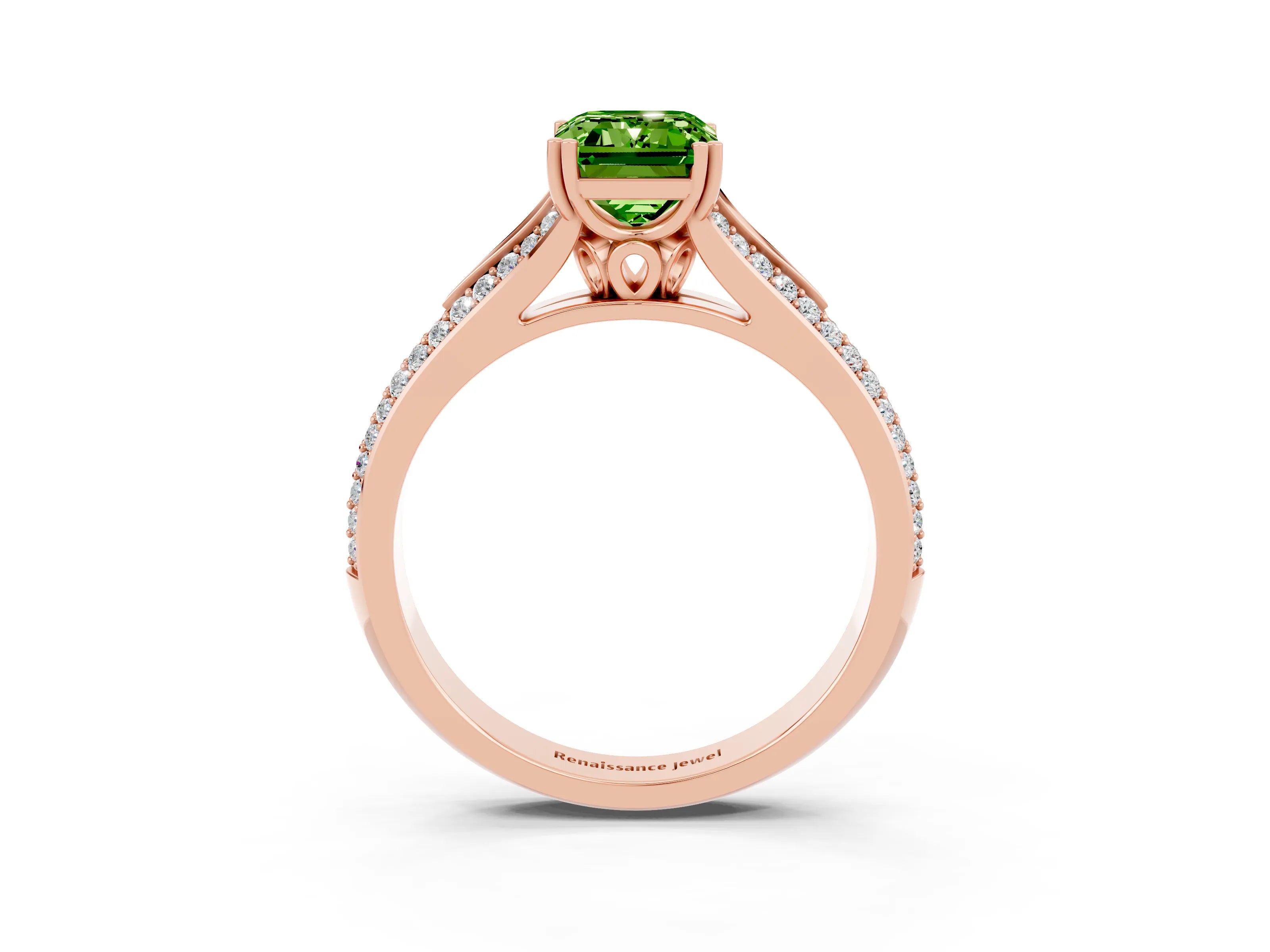 Rose gold Emerald Cut Peridot Split Shank Engagement Ring with Pavé Band_3