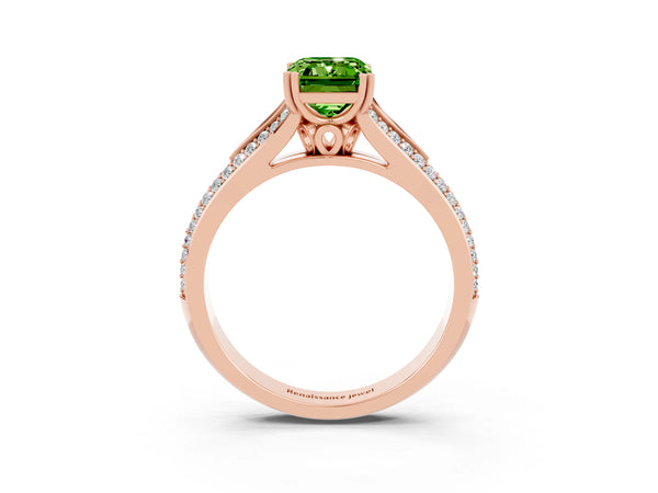 Rose gold Emerald Cut Peridot Split Shank Engagement Ring with Pavé Band