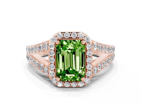 Rose gold Emerald Cut Peridot Split Shank Halo Ring with Four-Prong Setting_12