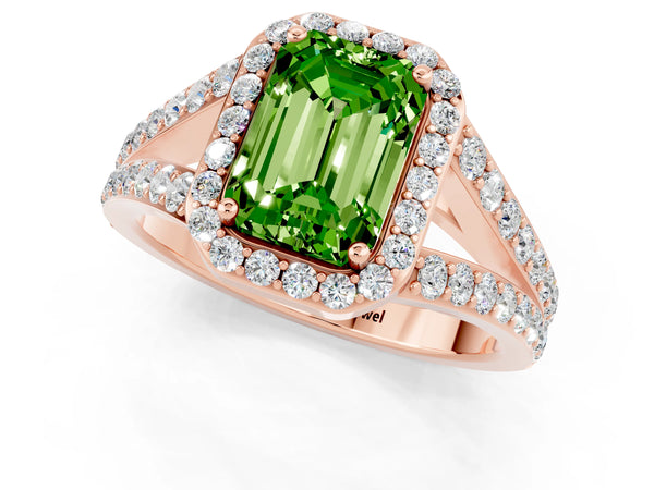 Rose gold Emerald Cut Peridot Split Shank Halo Ring with Four-Prong Setting