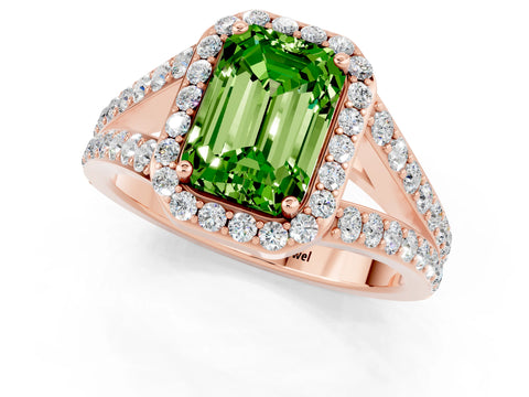 Rose gold Emerald Cut Peridot Split Shank Halo Ring with Four-Prong Setting_13