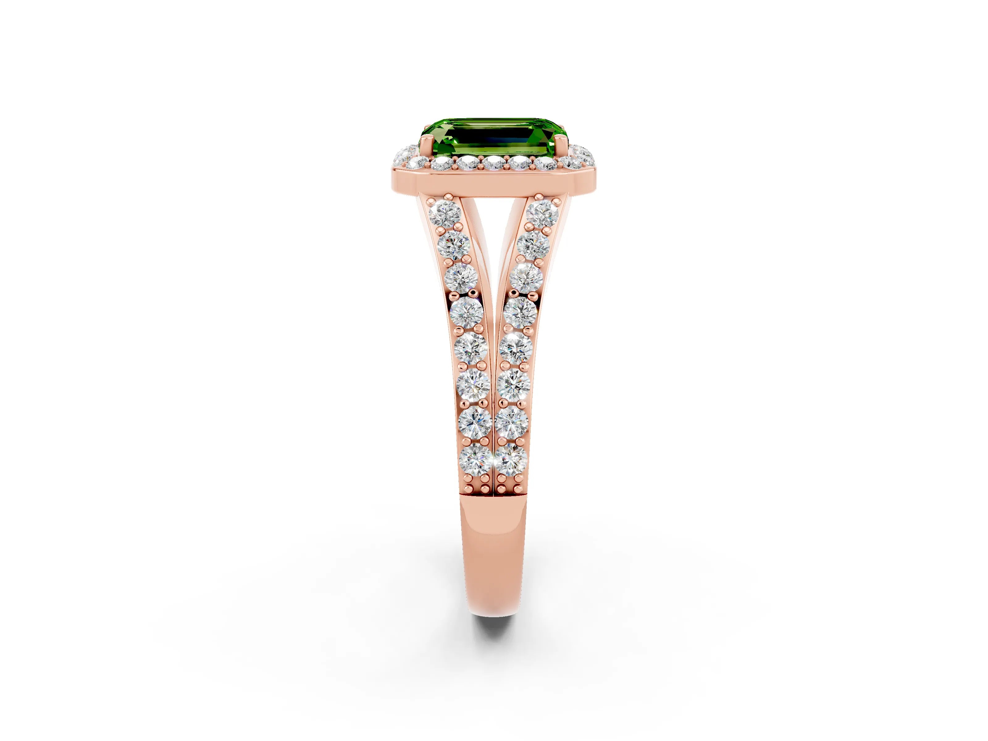Rose gold Emerald Cut Peridot Split Shank Halo Ring with Four-Prong Setting_14
