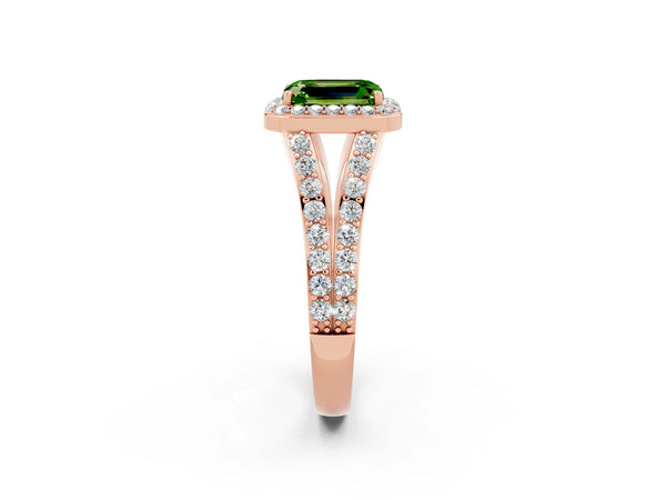 Rose gold Emerald Cut Peridot Split Shank Halo Ring with Four-Prong Setting