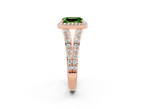 Rose gold Emerald Cut Peridot Split Shank Halo Ring with Four-Prong Setting_14