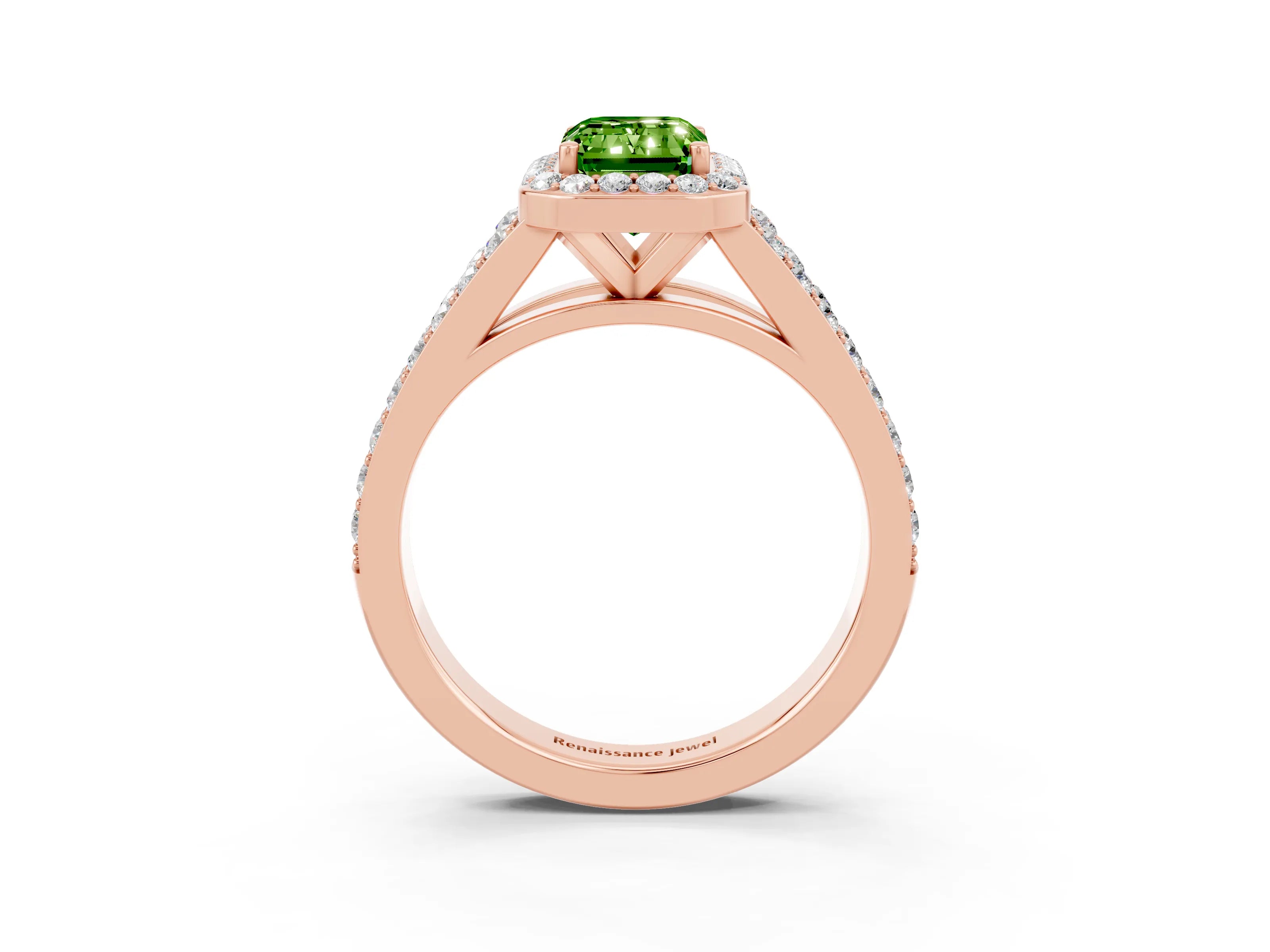 Rose gold Emerald Cut Peridot Split Shank Halo Ring with Four-Prong Setting_15