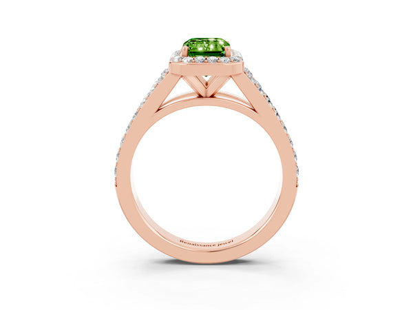 Rose gold Emerald Cut Peridot Split Shank Halo Ring with Four-Prong Setting