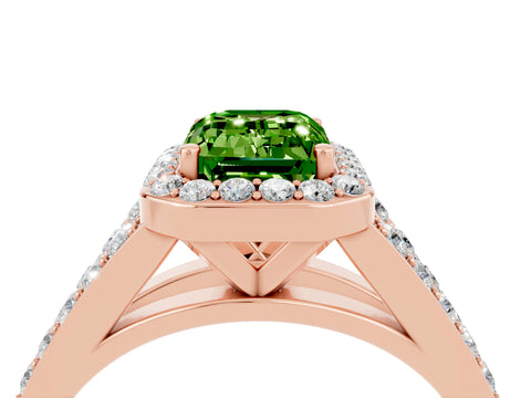 Rose gold Emerald Cut Peridot Split Shank Halo Ring with Four-Prong Setting_16