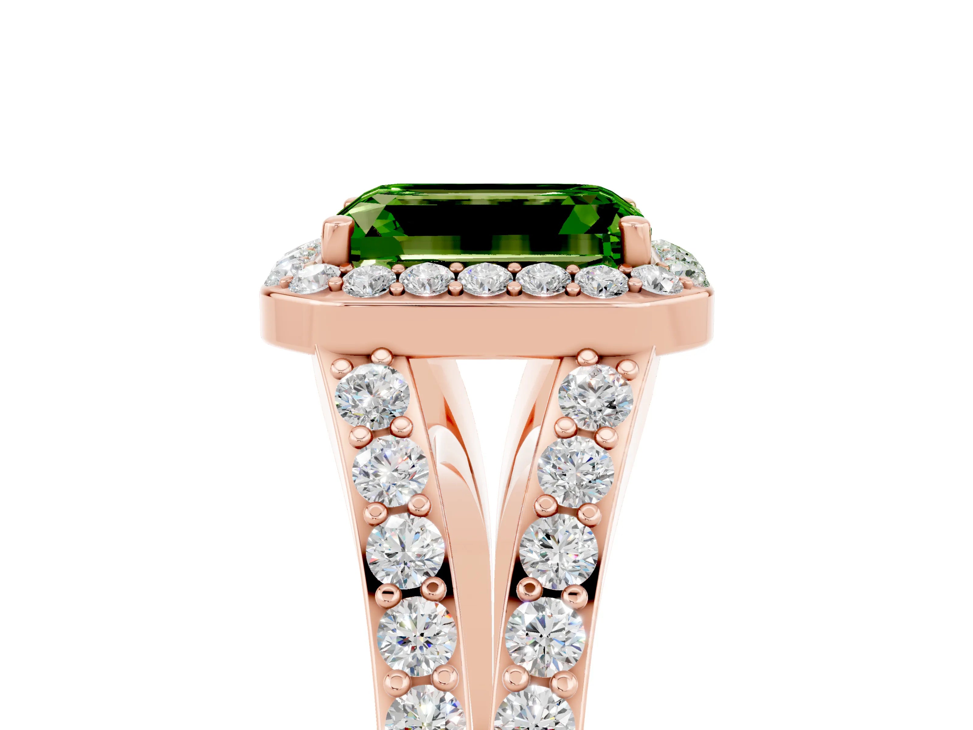 Rose gold Emerald Cut Peridot Split Shank Halo Ring with Four-Prong Setting_17