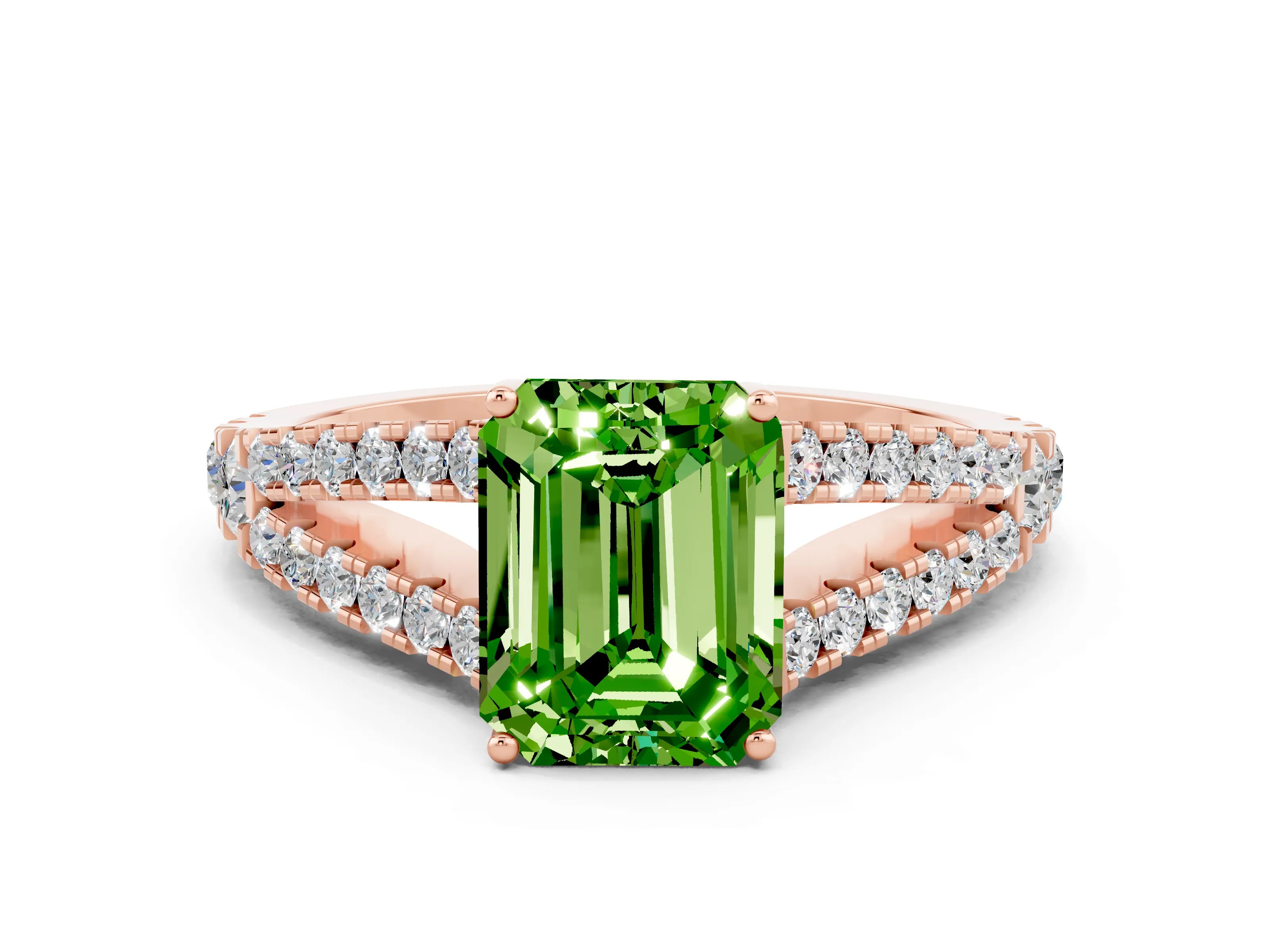Rose gold Emerald Cut Peridot Split Shank Pavé Engagement Ring with Four-Prong Setting_12