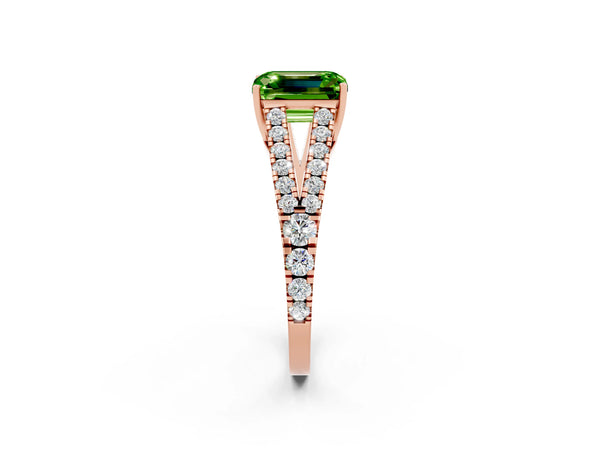 Rose gold Emerald Cut Peridot Split Shank Pavé Engagement Ring with Four-Prong Setting