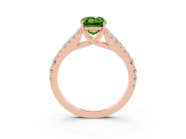 Rose gold Emerald Cut Peridot Split Shank Pavé Engagement Ring with Four-Prong Setting
