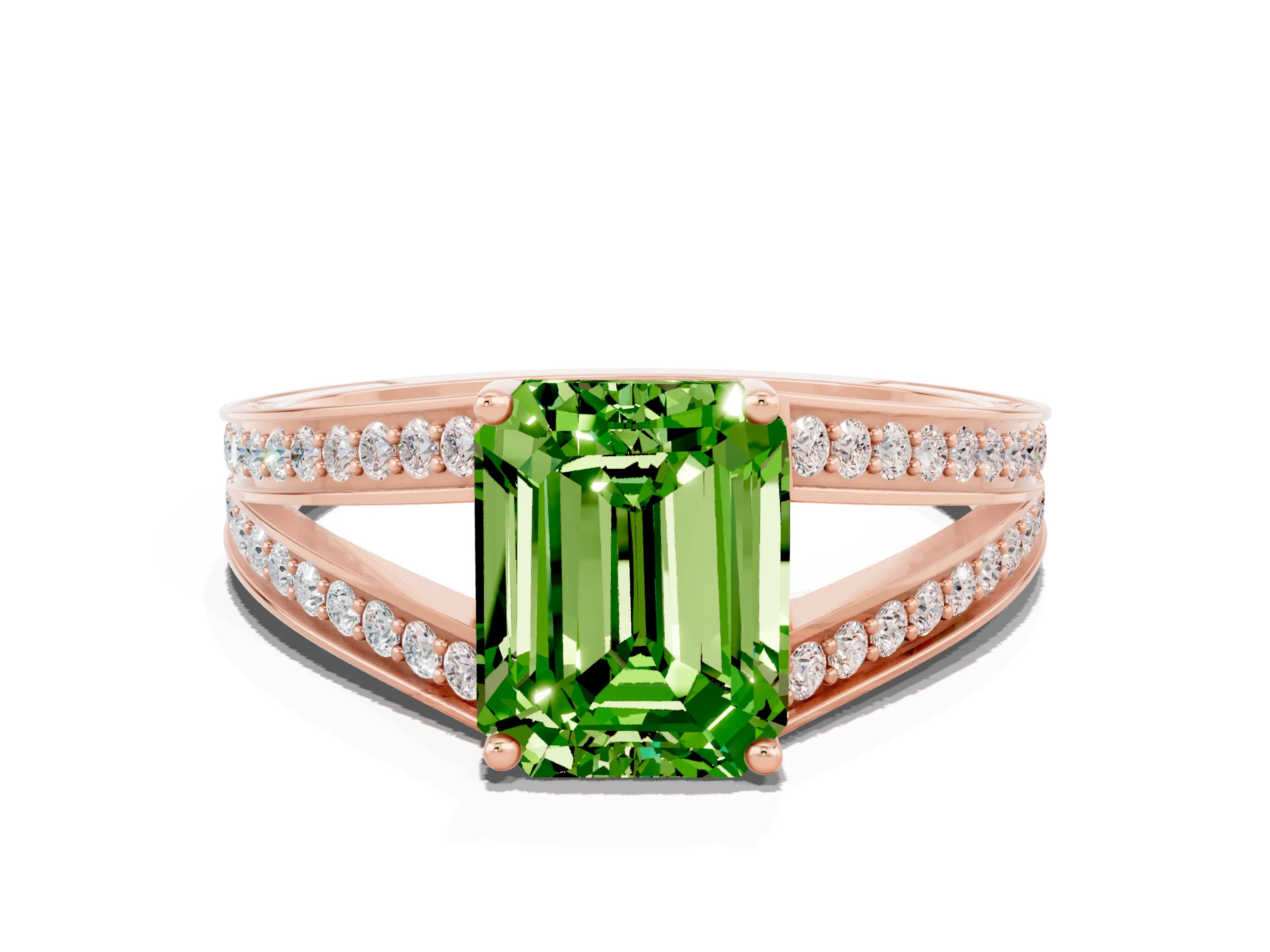 Rose gold Emerald Cut Peridot Split Shank Ring with Pavé Band and Four-Prong Setting