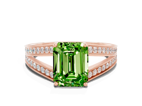 Rose gold Emerald Cut Peridot Split Shank Ring with Pavé Band and Four-Prong Setting