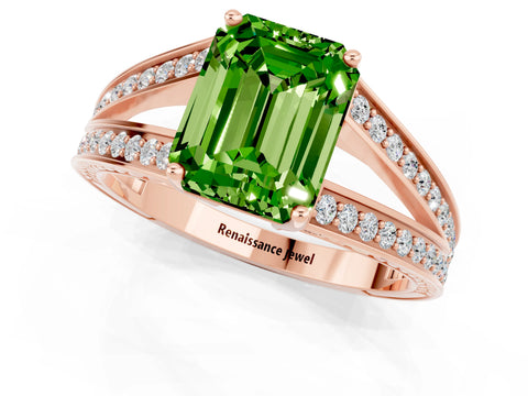 Rose gold Emerald Cut Peridot Split Shank Ring with Pavé Band and Four-Prong Setting_1