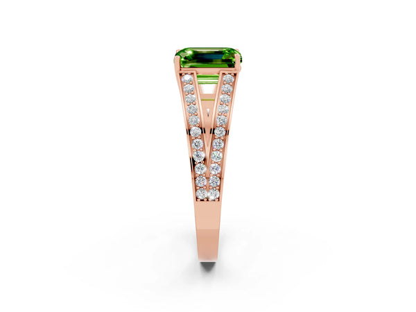 Rose gold Emerald Cut Peridot Split Shank Ring with Pavé Band and Four-Prong Setting